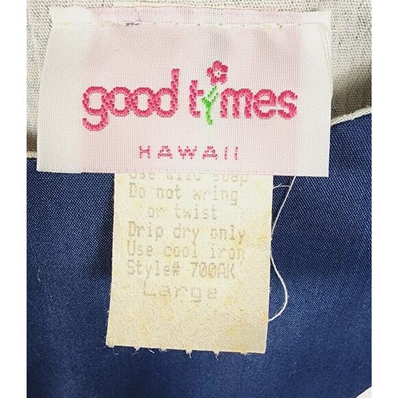 VTG 80s Good Times Hawaii MuuMuu Caftan Maxi Dress Blue White Abstract Large NOS - Picture 4 of 11